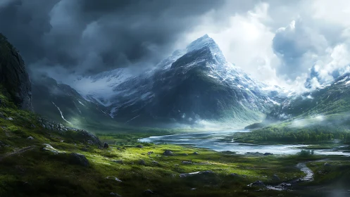 Stormlit mountain valley breathing in soft silver light.