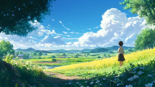 Child overlooking wide rural valley under bright sky.