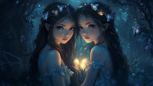 Nocturnal fae twins in bioluminescent forest tableau digital painting.