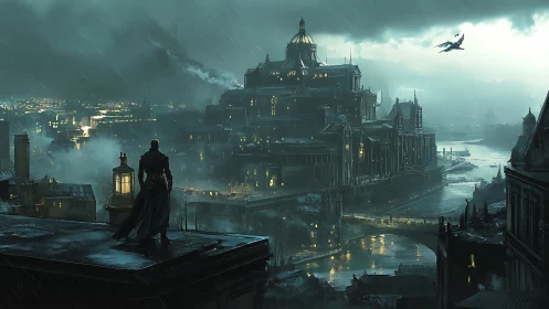 Solitary figure surveys rain-soaked fortified riverside city