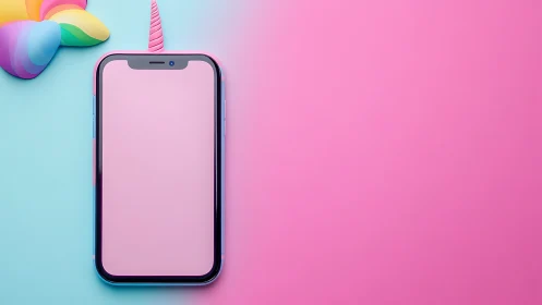 Unicorn-charged smartphone on sherbet gradients of whimsy.