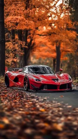 Low-slung red hypercar on forest road framed by autumn foliage