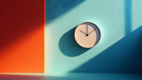 Minimalist wall clock with dramatic shadows and colorful lighting.