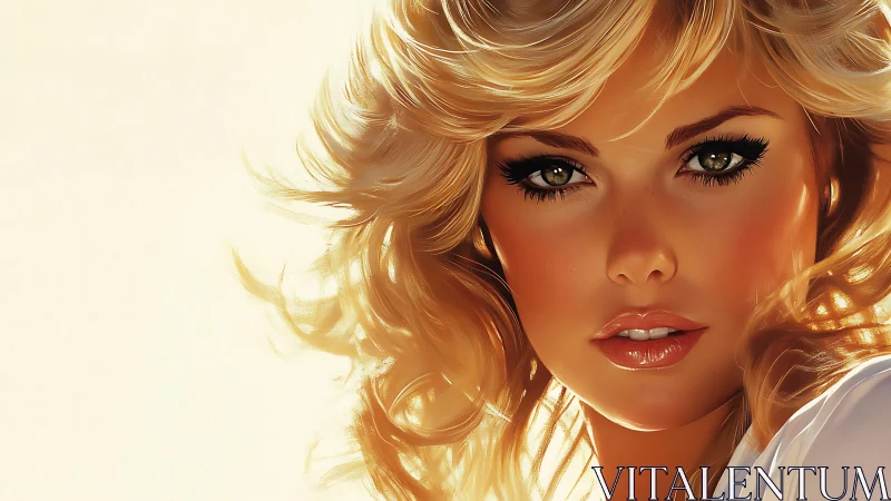 Golden-haired portrait radiates warm cinematic glow.