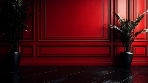 Bold red wall with graceful potted palms in quiet balance.