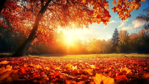 Low-angle view shows sunlit autumn foliage in open parkland