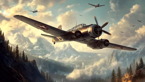 WWII twin‑engine bomber squadron crosses alpine valley in formation