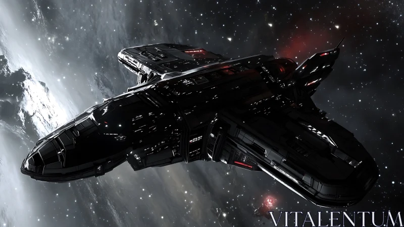 Angular black starship cruises past nebular-lit gas giant