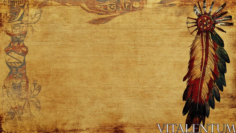 Weathered tribal parchment cradles radiant feather totem.