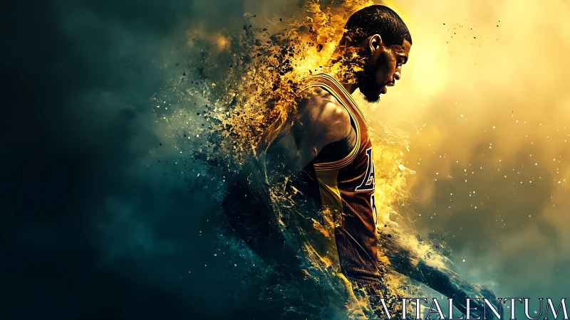 Explosive digital portrait of basketball player in motion.