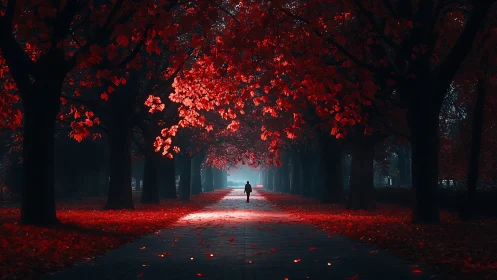 Crimson canopy walkway with lone figure in autumn mist.