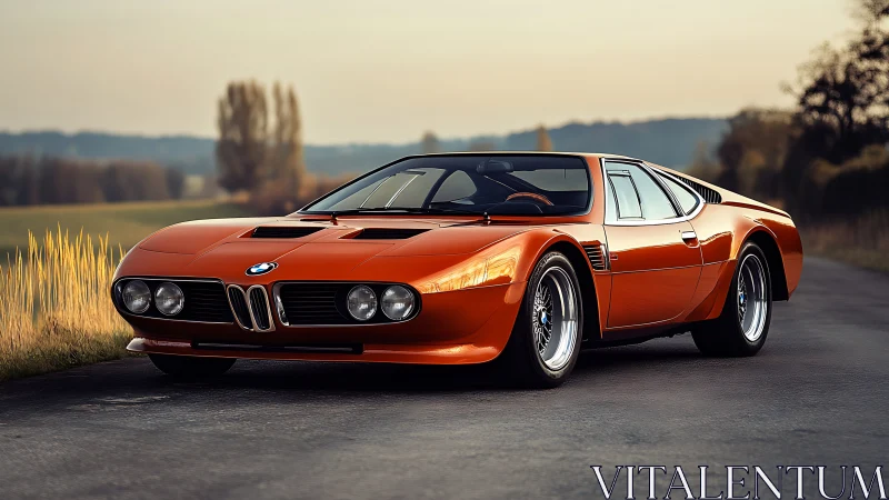Classic orange BMW sports car glows on serene country road.