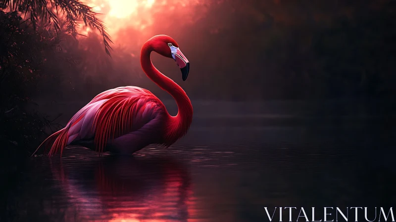 Solitary flamingo stands in reflective lagoon at crimson dusk