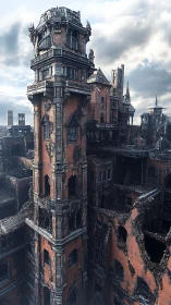 Crumbled neo-gothic tower dominates ruined brick complex.
