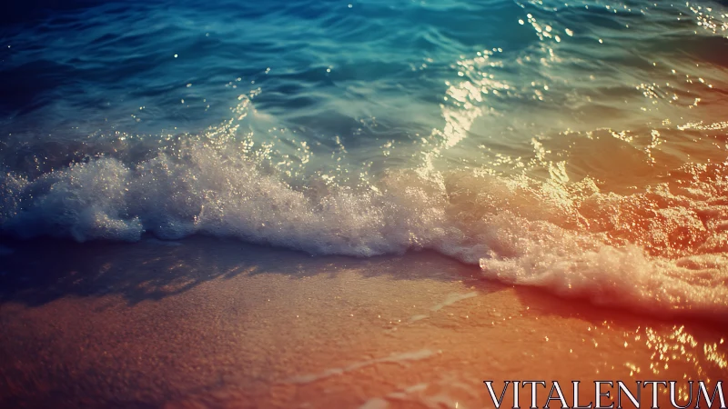 Gentle shoreline waves glow in soft golden evening light