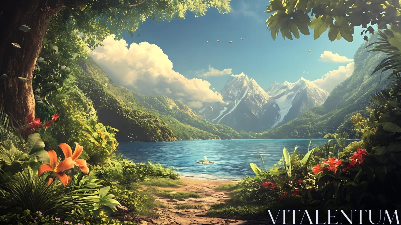 Sunlit tropical lake opens onto distant snowy peaks.