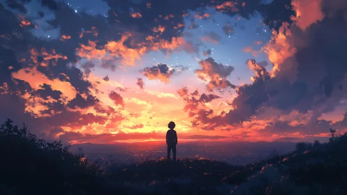 Solitary figure on hill observing dense sunset cloudscape.