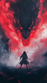 Lone swordsman confronts colossal flaming shadow dragon spirit.