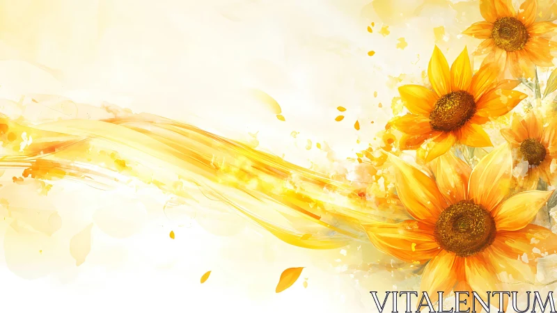 Digital sunflower composition with flowing golden light field
