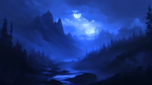 Midnight moon pours blue fire over haunted mountain pines