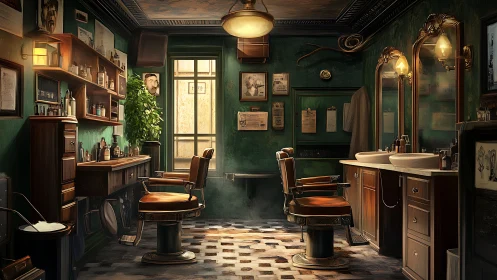 Interior view shows a vintage barbershop with two chairs