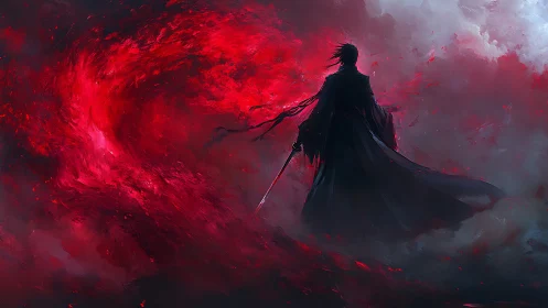 Solitary swordsman commands a vortex of red astral energy