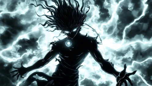 Storm-charged shadow figure rises with glowing electric power