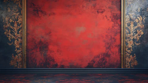 Crimson ballroom backdrop with baroque gold whispers of flame.