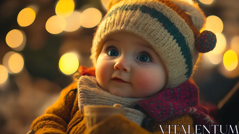 Tiny winter dreamer studies the glowing lights around