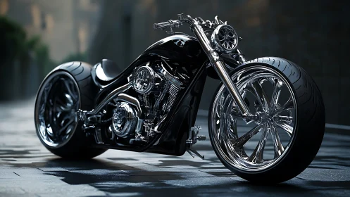 Midnight custom motorcycle gleaming with chrome swagger.