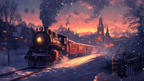 Steamlit winter express gliding through ember dusk snow.