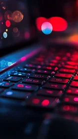 Neon laptop keyboard with defocused cyberpunk bokeh glow.