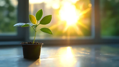 Tiny windowsill sapling quietly drinks the exploding sunrise