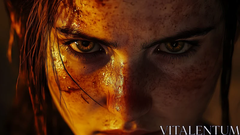 Fierce warrior close-up with bloodlit freckled face.