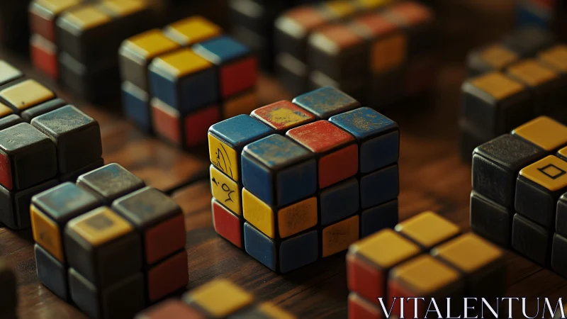 Timeworn puzzle cubes share quiet stories on a wooden table