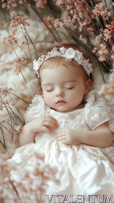 Peaceful infant in white floral crown among dried flowers.