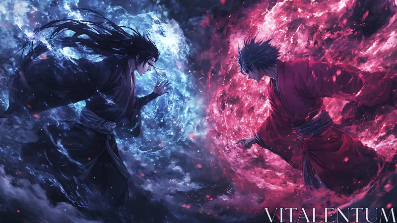 Dramatic anime duel where blazing fire collides with ice.