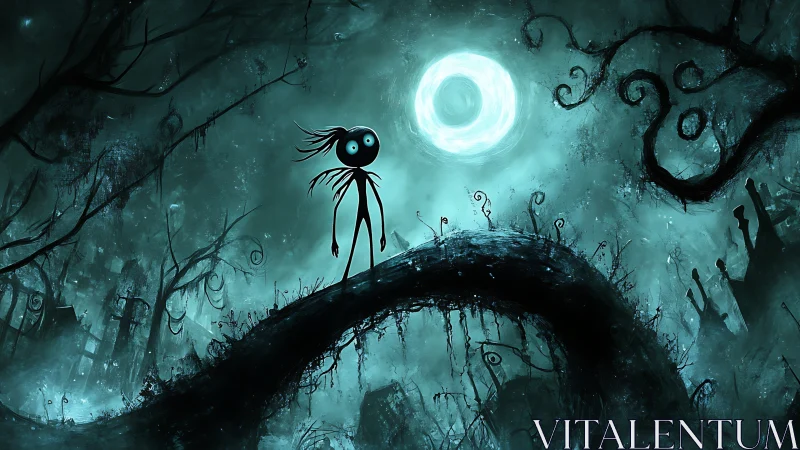 Moonlit twig-limbed wanderer listens to the whispering ruins