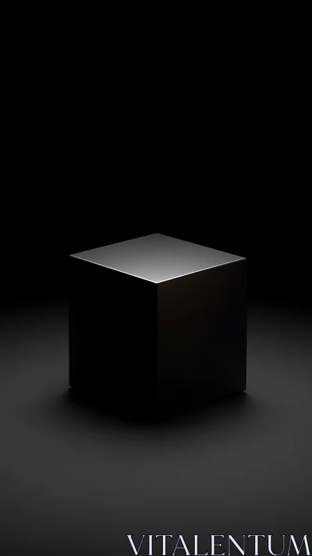 Minimalist black cube with spotlight on matte surface.