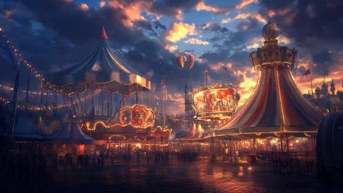 Twilight carnival lights bloom beneath a storybook sky.