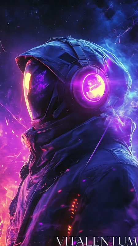 Hooded figure in luminous headset within nebular light field.