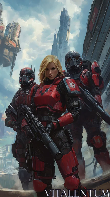 Bold space squad steps forward in bright red battle armor