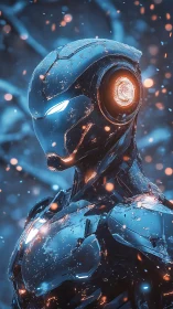 Armored cybernetic humanoid in icy embers, rendered photorealistically