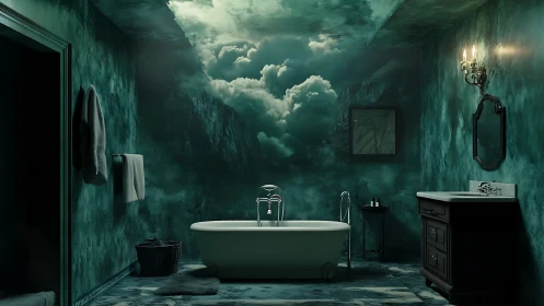 Dreamy teal bathroom invites calm with clouds and mountains