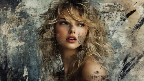 Textural portrait fusion with distressed abstract overlay matrix.