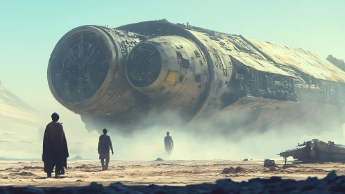 Colossal starship rests on desert plain under hazy sun.