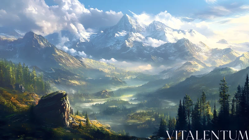Sunlit alpine valley below towering snowy mountain peaks.