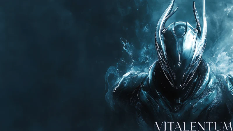 Cryogenic exosuit sentinel in asymmetric ultrablue vapor field.