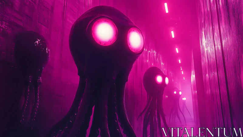 Neon corridor stalked by glowing-eyed cybernetic jellyfish.