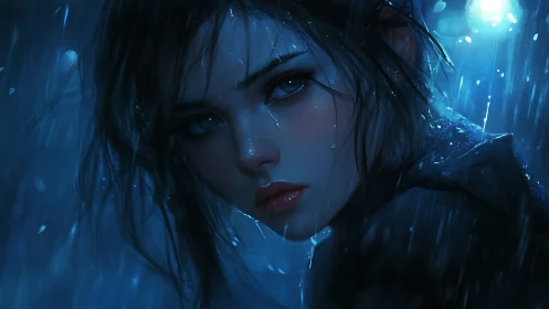 Rain soaked woman gazes intensely through deep blue night